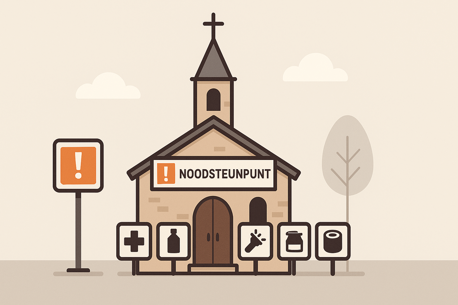 Noodsteunpunt in kerk Rampenrugzak noodpakketten